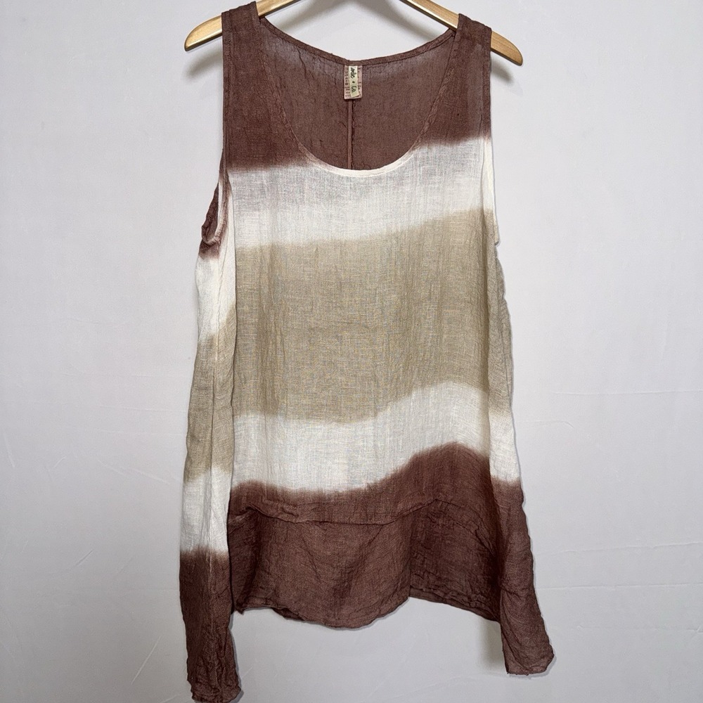 Camille & Co. Brown Beige White Striped Linen Sleeveless Swim Cover Women's‎ L